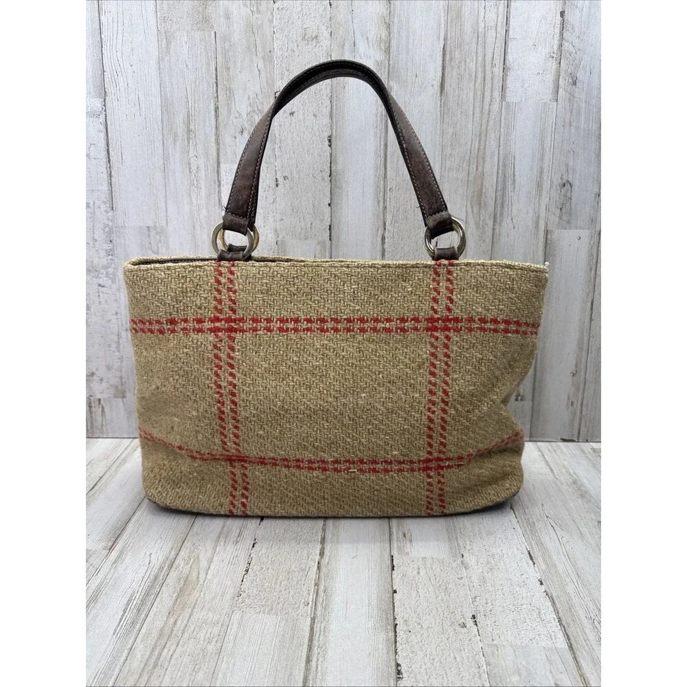 Kate Spade Vintage Tan Plaid Wool & Leather Double Handle Satchel Handbag Purse